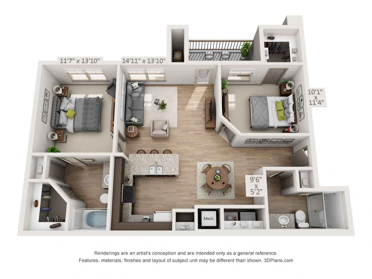 Floor plan for 2 beds, 2 baths, 1043 sqft